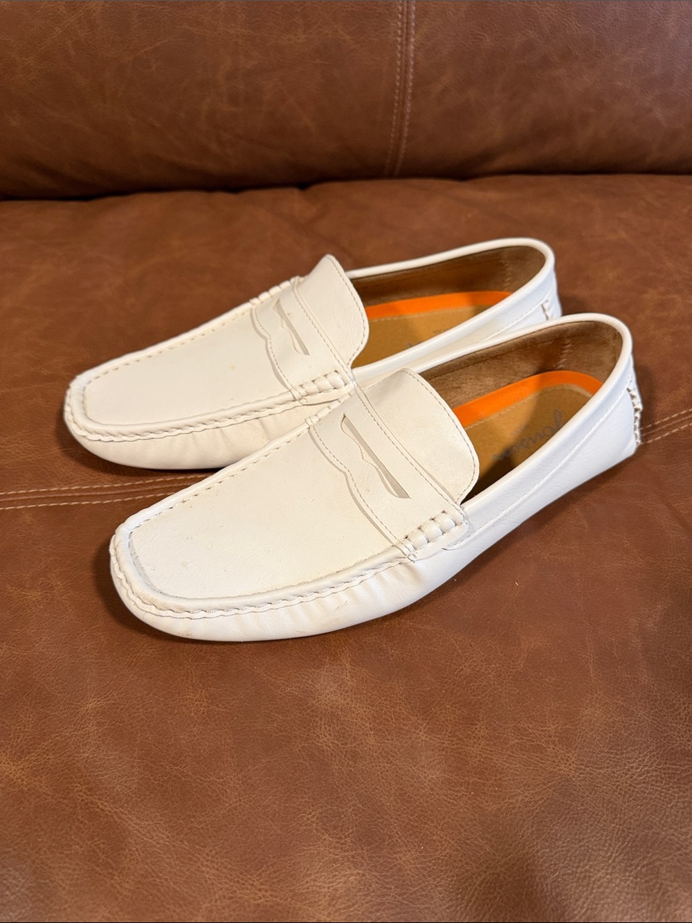 Jensen White Leather Slip-On Loafers with Orange Insole